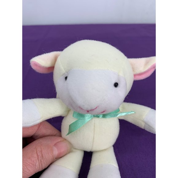 JC Toys 5 Inch Sheep Green Bow Sewn Details in Face. Pink Ear Accents - Picture 2 of 8